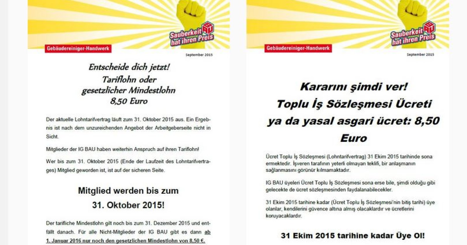 Weniger Lohn für Nicht-Mitglieder ab November? Flugblatt auf deutsch & türkisch