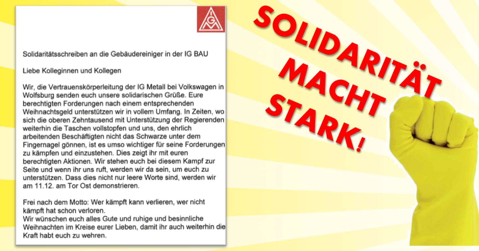 IG Metall-Vertrauenskörperleitung bei Volkswagen in Wolfsburg steht solidarisch an der Seite der GebäudereinigerInnen