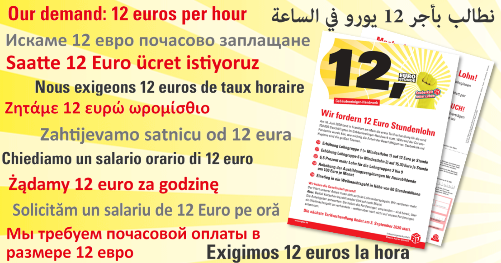 Flugblatt "Wir fordern 12 Euro Stundenlohn" in verschiedenen Sprachen